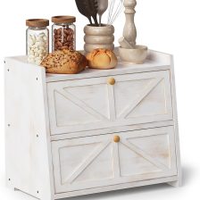 Vintage Double Layer Bread Box for Kitchen Counter Bamboo Bread Storage Container Large Capacity Bread Storage Bin (Antique White)